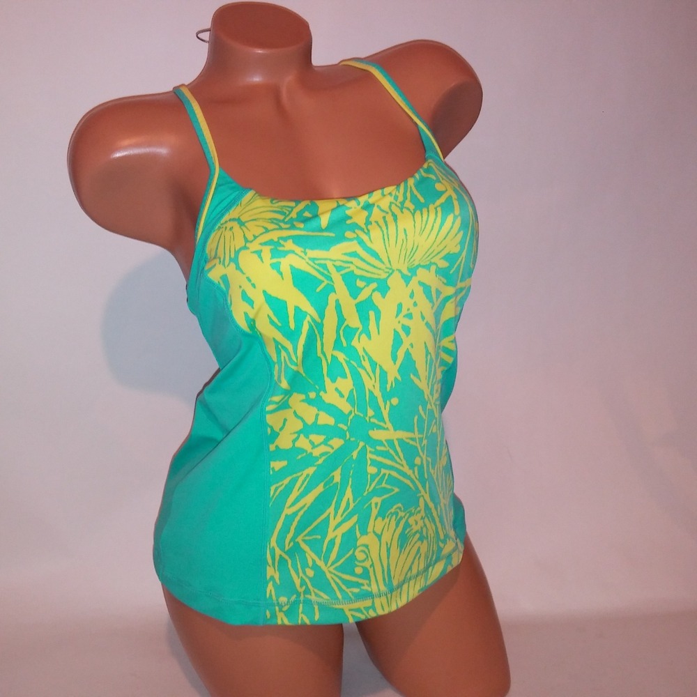 Lands End Swim Tankini Top Tank Size 6D Aqua Yellow Removable Padding Wireless